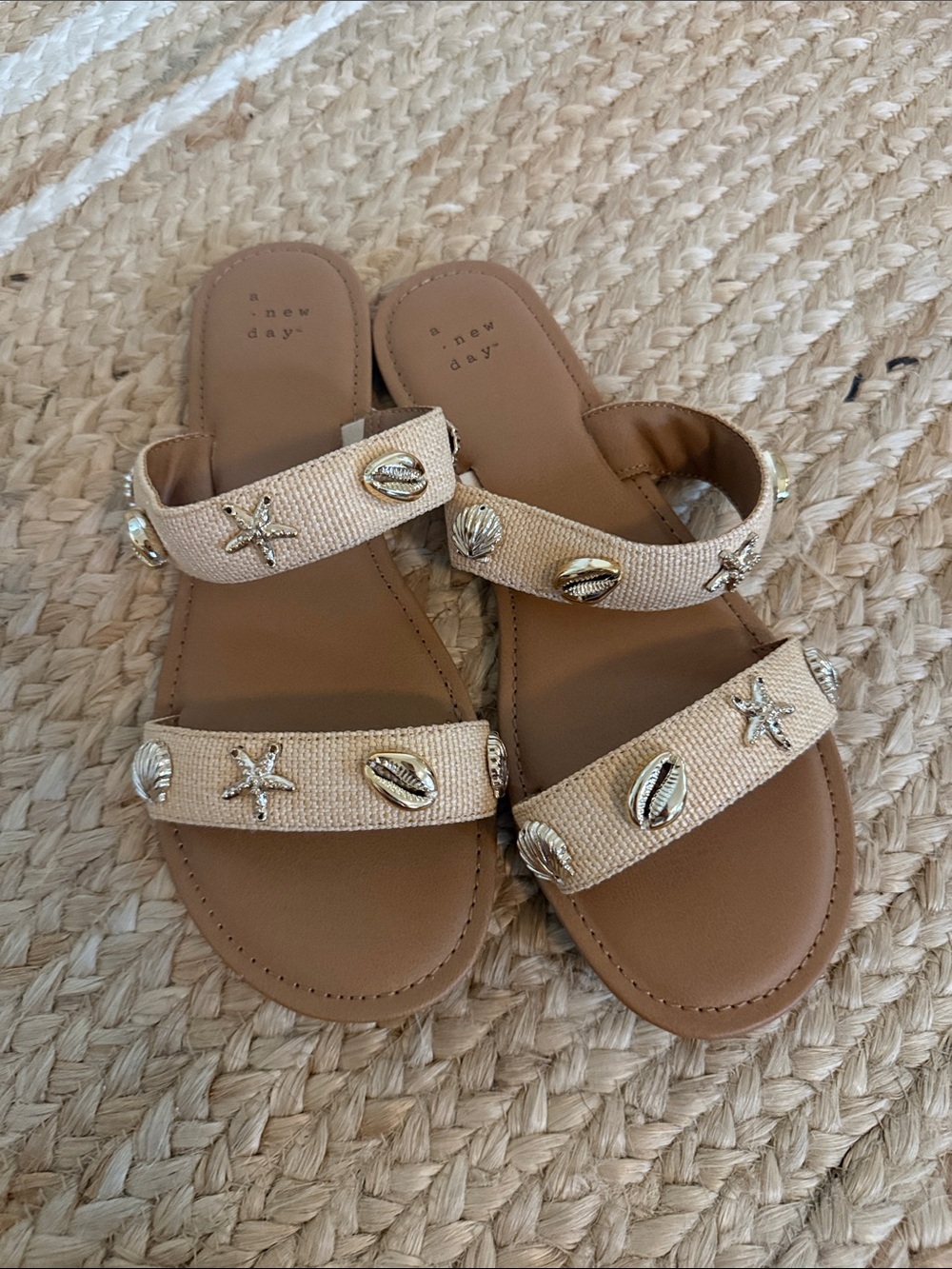 a new day Tan Raffia Slide Sandals with Gold Shell Accents